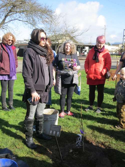 The planted tree with origami cranes tied to the stem and an informational plaque, a women with water standing and giving a blessing surrounded by onlookers
